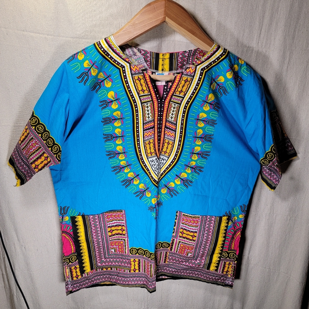 Mama & Papa DASHIKI Tunic Boho African Shirt Medium Turquoise Beautiful Top